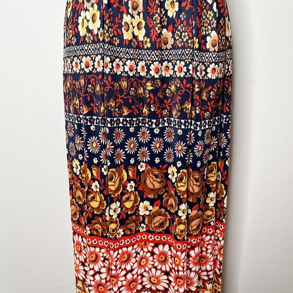 Vintage Womens Maxi Dress 60s/70s Mock Neck Collar Floral Navy Blue Orange Small - Picture 4 of 6